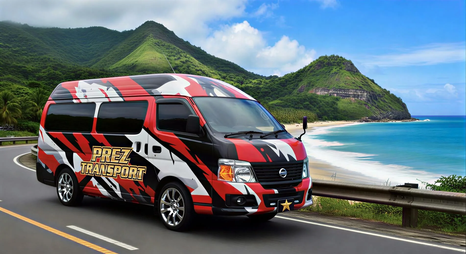 Prez Transport branded maxi taxi driving along Maracas Beach coastal road in Trinidad